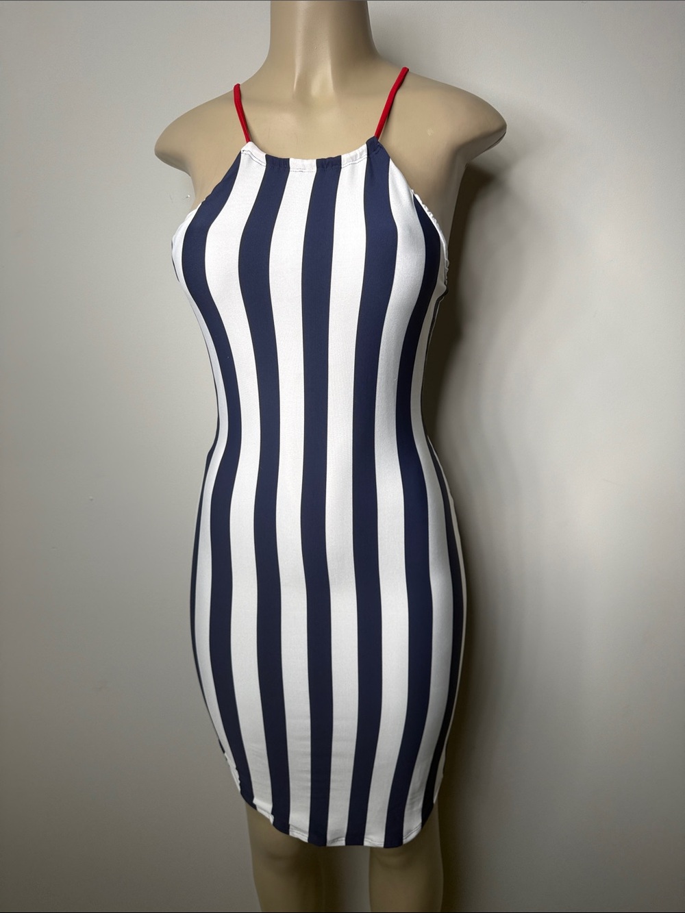 Navy & White Striped Mini Dress with Red Straps